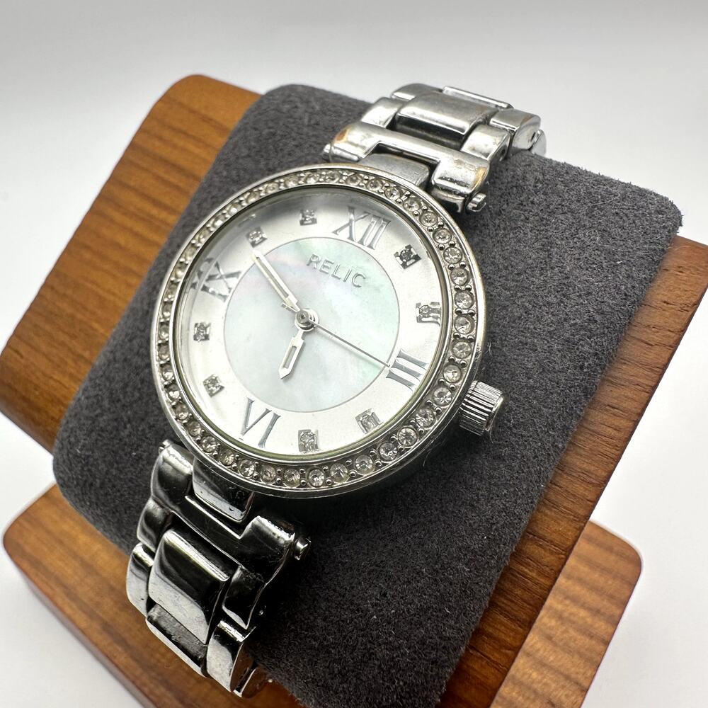 Relic Women's Silver Tone Rhinestone Bezel Mother of Pearl Watch